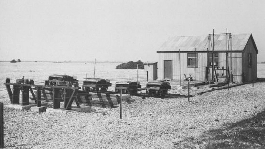 Lydd Ranges. 1939 anti-tank gun cable hauled sleds and power house